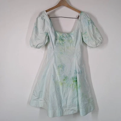$89.99 • Buy Staud Laeila Puff Sleeve Mini Dress 6 Green Blue Tie Dye Ice Dyed Preowned