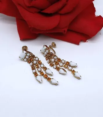 Vintage Milk Glass Amber Rhinestone Screw Back Earrings   CAT RESCUE • $14.99