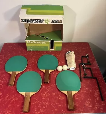 Vintage  Table Tennis Ping Pong Set 4 Paddles Net Balls Superstar 1000 In Box • $14.99