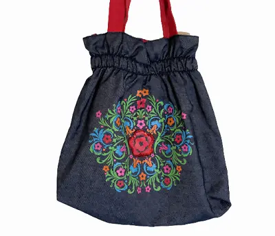 Denim Blue Red Sequins Poppy Handbag Purse 17 In X 15 In X 3 In • $17.75