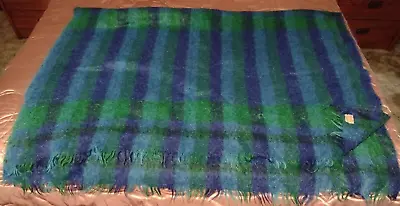 Vintage Peck & Peck Mohair Wool Blanket Throw Green / Blue Plaid  48 X 70 • $70