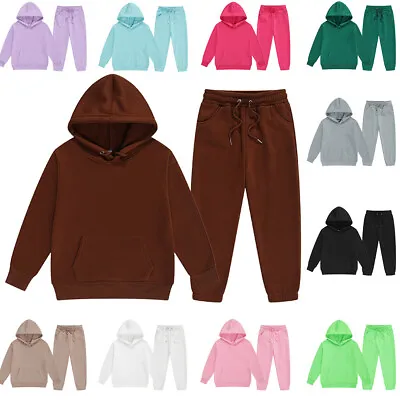 Boys Girls Plain Hoodie Tracksuit Set Kid Hooded Fleece Sweatshirt Top+Pant Suit • £14.49
