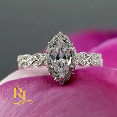 Moissanite Twisted Engagement Ring Solid 14K White Gold 2.50 Carat Marquise Cut • $218.75