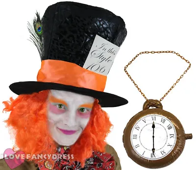 Mad Hatter Hat With Wig Hair Plus Clock Necklace Fancy Dress Costume Accessory • £15.99