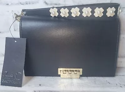 Zac Zac Posen Earthette Wristlet Clutch Black & White  Gold Hardware Flowers  • $83.21