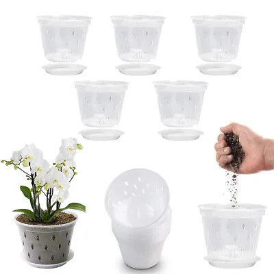 5Pcs Transparent Orchid Pot With Holes & Saucers Root Control Meshpot Flowerpot • $20.59