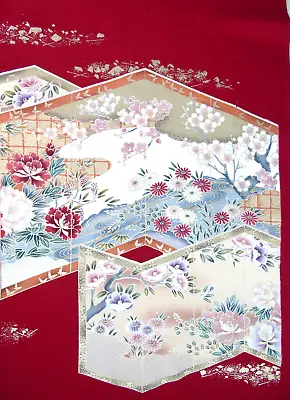 [AYANE] PAPER SCREEN FLOWERS - Japanese Silk  KIMONO Fabric • £8.99