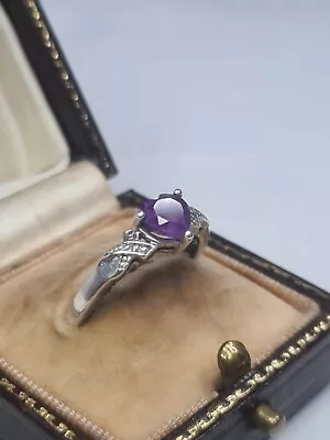 Vintage Amethyst And Diamond 925 DIA Sterling Silver Ladies Ring Size P • £33.98