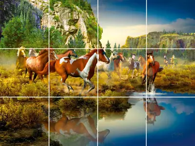 Wild Mountain Horses At Stream Wildlife Western Ceramic Tile Mural Backsplash • $179