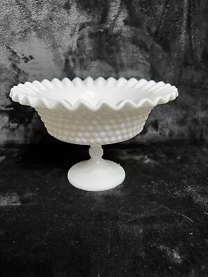 Vintage Milk Glass Pedestal Stemmed Hobnail Ruffled Edge Candy Bowl • $32