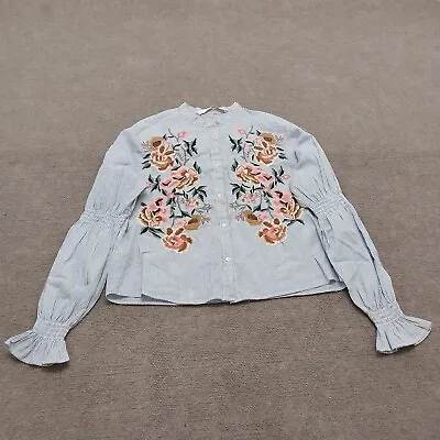 Zara Trafaluc Collection Womens XS Blue White Embroidered Button Down Blouse Top • $18.88