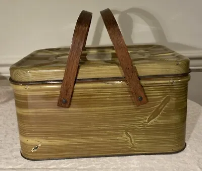 Vintage Faux Wood Grain Metal Picnic Basket With Wood Handles And Air Vent • $40