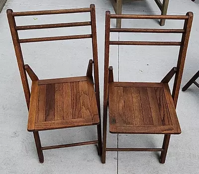 Vintage Oak Slat Wood FOLDING CHAIRS Set Of 2 Dining Antique • $54