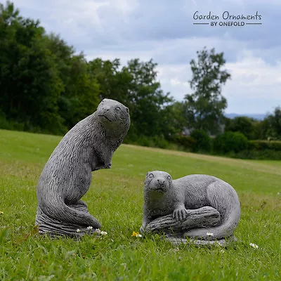 Otter Pair Hand Cast Stone Outdoor Garden Ornament Pond Lawn Sculpture Gift • £99.90