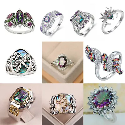 $2.03 • Buy Women Cubic Zircon Rainbow  Silver Gemstone Rings Wedding Jewelry Size6-10