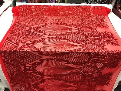 Red 4 Way Stretch Sequins Embroidery Fabric Mesh Lace Fabric By Yard • $36.99