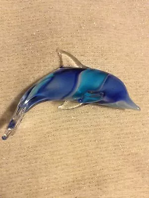 Murano-Style BLUE Striped Vtg Hand Blown Glass Dolphin Figurine Paperweight • $14.99