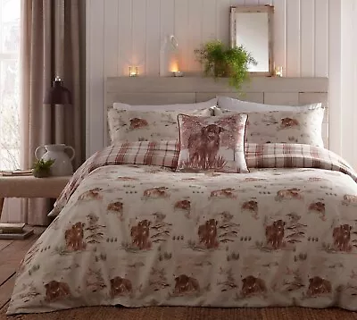 Highland Cow Check Flannelette Duvet Cover Cotton Bedding Set Double Terracotta • £25.95