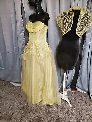 S VTG 50s 60s Fit & Flare Full Skirt Grease Yellow Prom Party Dress Cupcake Gown • $115