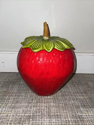 Strawberry  Cookie Jar  Usa California Pottery 8215 Red Green Lid Brown Stem • $7