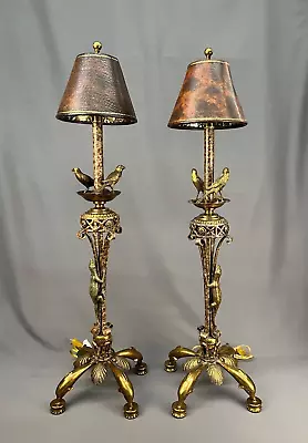 Pair Of Maitland Smith Gilt Bronze 37  Buffet Lamps W/Dolphin Shell Base & Birds • $1250