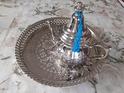 Set Of Nickel Plated Moroccan Teapot 420 Ml For 4 Cups And Matching Tray 10.2” • $89