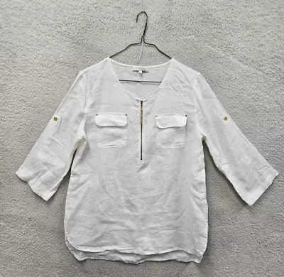 Ellen Tracy Women Top Large White 100% Linen 3/4 Roll Tab Sleeve 1/3 Zip Blouse • $11.69