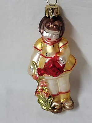 Vintage German Glass Little Girl Watering Flowers Christmas Ornament • $20