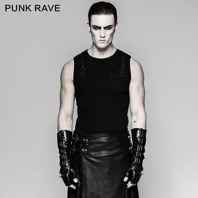 Punk Rave Steampunk Black Men's Biker Leather Gloves Delicate Mesh Long Gloves • $54.51