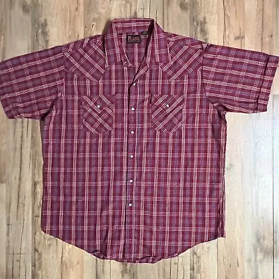 Ely Plains Western Mens XL Maroon Plaid Pearl Snap Short-Sleeve Shirt • $14.99