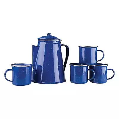 NEWEnamel 8 Cup Coffee Pot With Percolator And 4 12 Ounce Mugs Blue (11230) • $26.69