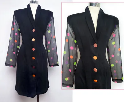 80s Polka Dot Chiffon Dress Vintage Black Midi Dress 1980's Colorful Party Dress • $68