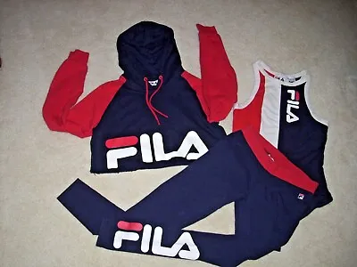 $60 • Buy Fila 3 Pc Athletic Outfit Womens S/M Bodysuit Leggings Cropped Hoodie Red Blue