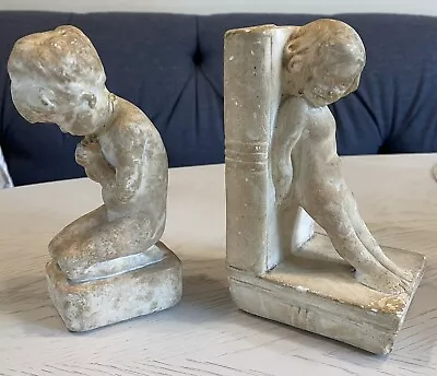 Antique Bookends Boy & Girl Cherub Plaster Very Old RARE Nursery • $105