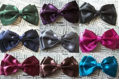 HANDMADE BIG DARK 5  PLAIN SATIN FABRIC BOW HAIR CLIP 80s RETRO 50s VINTAGE GIRL • £4.50