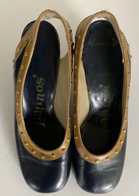Vtg 1970 PATINOS Navy & Gold Leather Platform Shoes 3” Heels-Sz 6 COOL! • $42.14