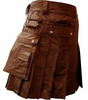 Men Real Leather Cargo Gladiator Pleated Utility Larp Halloween Kilt Costume • £46.99
