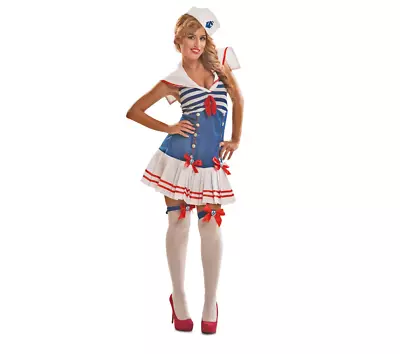 Ladies Sailor Girl Costume And Hat Fancy Dress Sexy Nautical Outfit Navy Striped • $62.80