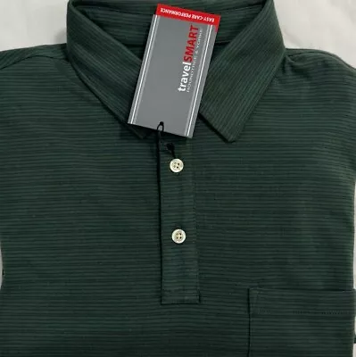 New Travel Smart Men's Long Sleeve Polo Shirt Pine Green Stripe Size L $21.00 • $21