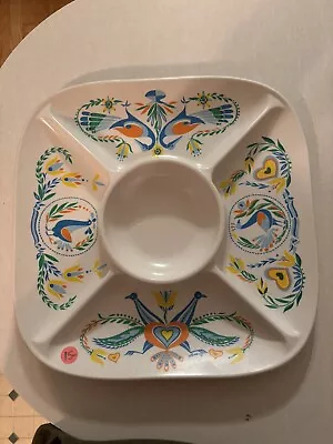 Vintage Serving Tray Chip And Dip Melamine Melmac Penna Dutch Symbols Birds Blue • $19.90