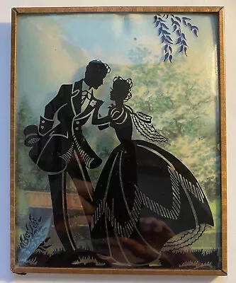 Vintage Silhouette Reverse Painted Victorian Couple Picture  5x4” Convex • $8.99