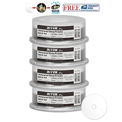 100 Ritek Pro BD-R 4X 25GB Water Resistant Glossy White Inkjet Printable Disc • $99.99