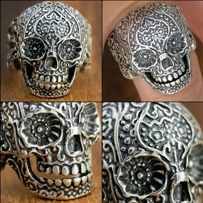 20g Mexican Sugar Floral Tattoo Skull Goth 925 Sterling Silver Mens Ring US 14 • $59.95