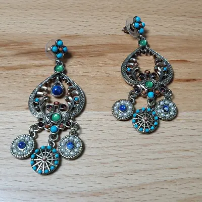 Vintage R.J. Graziano Turquoise Charm Gold Tone Bohemian Gypsy Earrings • $35