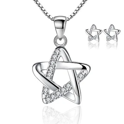 £4.97 • Buy 925 Sterling Silver Crystal Star Chain Necklace Stud Earrings Womens Jewellery