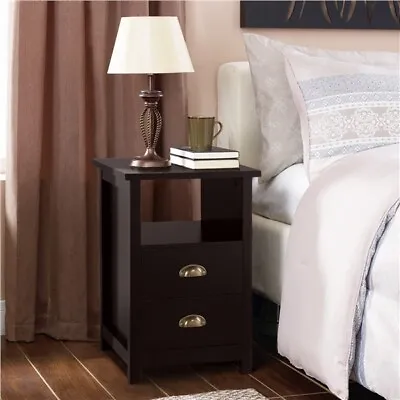 £42.99 • Buy Wooden Bedside Table W/ 2-Drawer Storage Cabinet & Shelf For Bedroom, Espresso