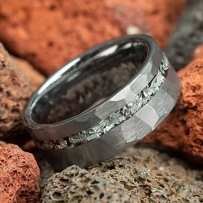 Meteorite Hammered SIlver Tungsten Mens Wedding Ring 8mm Comfort Fit • $119.98