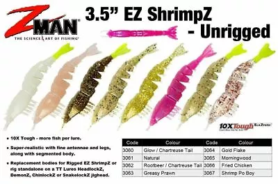 Zman 3.5  Inch Ez ShrimpZ UnRigged Soft Plastic Lure Zman Shrimps Z Man Prawn BR • $15.49