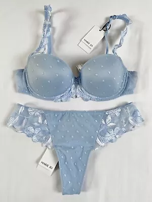 Marie Jo Bra Set Size UK 34B Thong UK S Underwired Padded Moulded - Pale Blue • £40