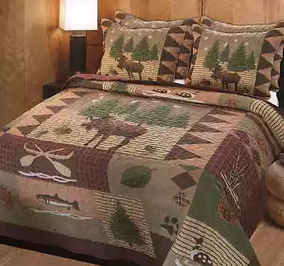 Moose Lake Snow Leaf Pine Tree Fish Rustic Lodge Cabin Woodland Bed Quilt Set • $119.99